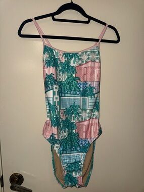 Sporti Tropical Palm Print One-Piece Swimsuit - Pink & Teal